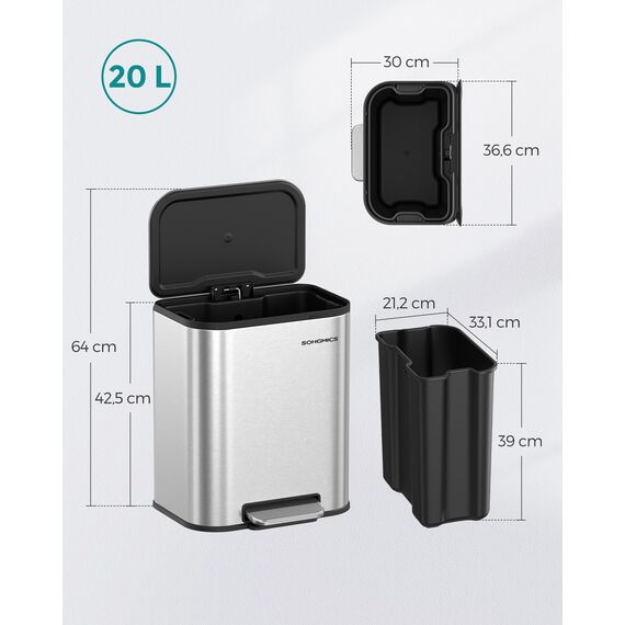 SONGMICS Mülleimer Küche, 20 Liter Abfalleimer mit Deckel, Tretmülleimer, Stahl, Softclose, Offenhaltefunktion, mit Inneneimer, breites rutschfestes Pedal, metallisches Silber LTB542E20