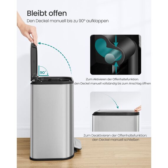 SONGMICS Mülleimer Küche, 20 Liter Abfalleimer mit Deckel, Tretmülleimer, Stahl, Softclose, Offenhaltefunktion, mit Inneneimer, breites rutschfestes Pedal, metallisches Silber LTB542E20