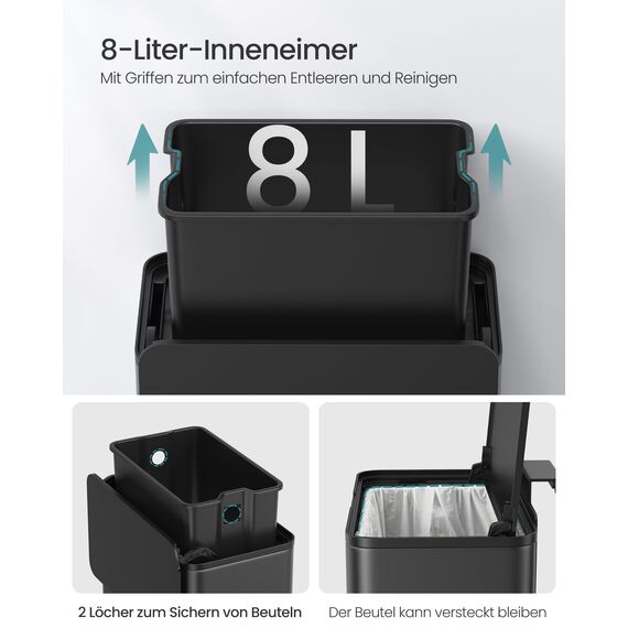 SONGMICS Mülleimer hängend, 8 L Komposteimer Küche, Stahl-Abfalleimer mit Deckel für Biomüll, mit Haken, an der Schranktür oder Wand, für Unterschrank Badezimmer, tintenschwarz LTB810B01