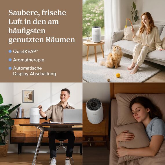 Levoit Luftreiniger Allergiker mit Aromatherapie, HEPA Luftfilter gegen Schimmel, Staub und Tierhaare bis zu 0,3 µm für Schlafzimmer, 7 Watt Energiesparend, 3 Geschwindigkeiten, Weiß