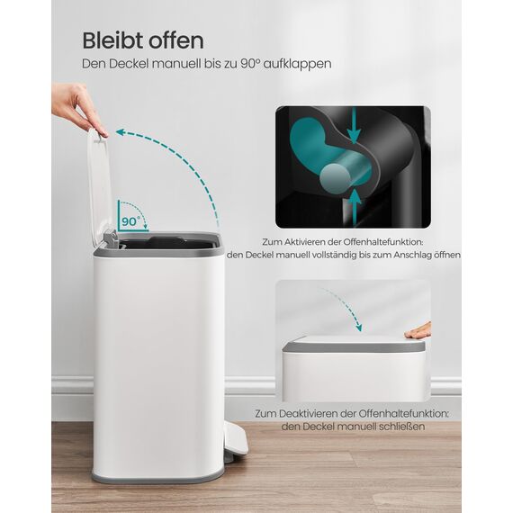 SONGMICS Mülleimer Küche, 20 Liter Abfalleimer mit Deckel, Tretmülleimer, Stahl, Softclose, Offenhaltefunktion, mit Inneneimer, breites rutschfestes Pedal, wolkenweiß LTB542W02