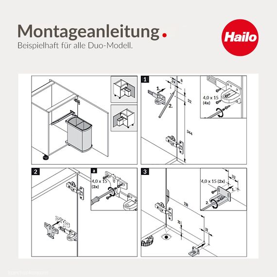 Hailo Abfallsammler 3416071 | Schwenkbarer Einbau-Mülleimer Duo 16 L | Für Schränke ab 45 cm Breite mit Drehtür | Platzsparende Mülltrennung | Einfache Installation | Hochwertige Verarbeitung