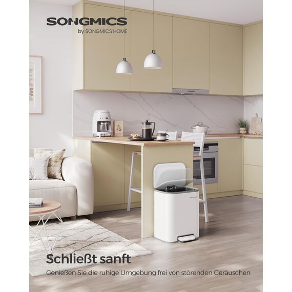 SONGMICS Mülleimer Küche, 20 Liter Abfalleimer mit Deckel, Tretmülleimer, Stahl, Softclose, Offenhaltefunktion, mit Inneneimer, breites rutschfestes Pedal, wolkenweiß LTB542W02