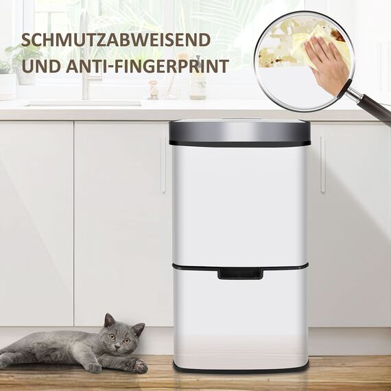 Ribelli Edelstahl - Mülltrennsysteme mit 3+1 Fächer - Mülleimer mit Sensor - 72 Liter (2x12 + 1x48 L) - Design Treteimer aus Edelstahl - Weiß