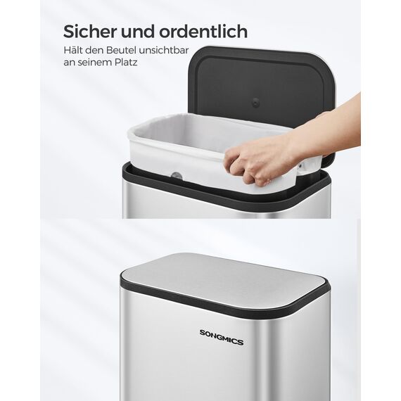 SONGMICS Mülleimer Küche, 20 Liter Abfalleimer mit Deckel, Tretmülleimer, Stahl, Softclose, Offenhaltefunktion, mit Inneneimer, breites rutschfestes Pedal, metallisches Silber LTB542E20