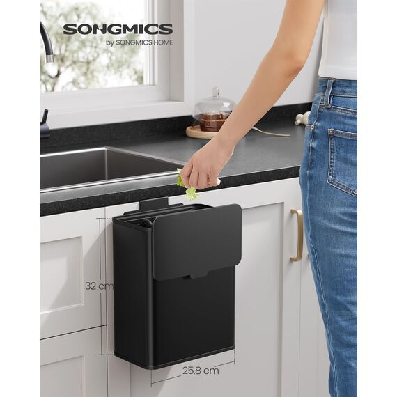 SONGMICS Mülleimer hängend, 8 L Komposteimer Küche, Stahl-Abfalleimer mit Deckel für Biomüll, mit Haken, an der Schranktür oder Wand, für Unterschrank Badezimmer, tintenschwarz LTB810B01