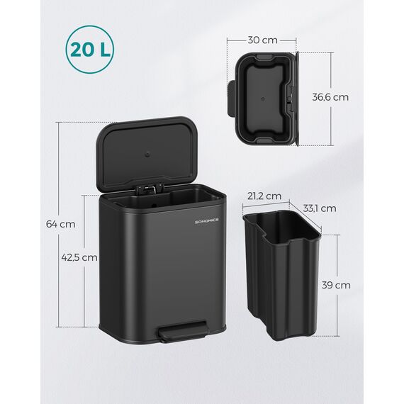SONGMICS Mülleimer Küche, 20 Liter Abfalleimer mit Deckel, Tretmülleimer, Stahl, Softclose, Offenhaltefunktion, mit Inneneimer, breites rutschfestes Pedal, tintenschwarz LTB542B02