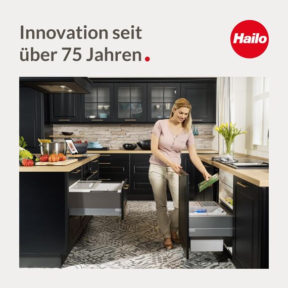 Hailo Abfallsammler 3644911 | 3fach Raumspar Tandem Abfalltrennsystem | 2x 8 + 12L Inneneimer im Teleskop-Vollauszug | ab 50 cm breiten Unterschrank mit Drehtür montierbar | Farbe Dunkelgrau