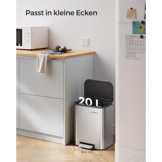SONGMICS Mülleimer Küche, 20 Liter Abfalleimer mit Deckel, Tretmülleimer, Stahl, Softclose, Offenhaltefunktion, mit Inneneimer, breites rutschfestes Pedal, metallisches Silber LTB542E20