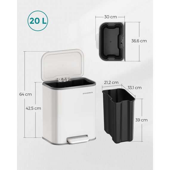 SONGMICS Mülleimer Küche, 20 Liter Abfalleimer mit Deckel, Tretmülleimer, Stahl, Softclose, Offenhaltefunktion, mit Inneneimer, breites rutschfestes Pedal, wolkenweiß LTB542W02