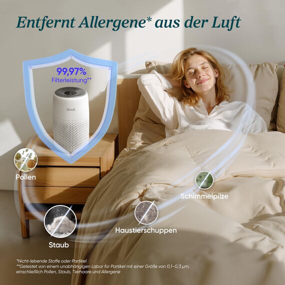 Levoit Luftreiniger Allergiker mit Aromatherapie, HEPA Luftfilter gegen Schimmel, Staub und Tierhaare bis zu 0,3 µm für Schlafzimmer, 7 Watt Energiesparend, 3 Geschwindigkeiten, Weiß