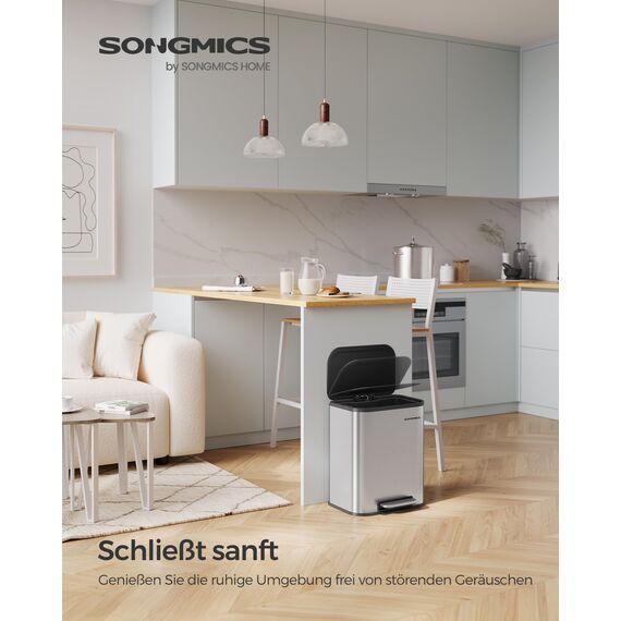 SONGMICS Mülleimer Küche, 20 Liter Abfalleimer mit Deckel, Tretmülleimer, Stahl, Softclose, Offenhaltefunktion, mit Inneneimer, breites rutschfestes Pedal, metallisches Silber LTB542E20