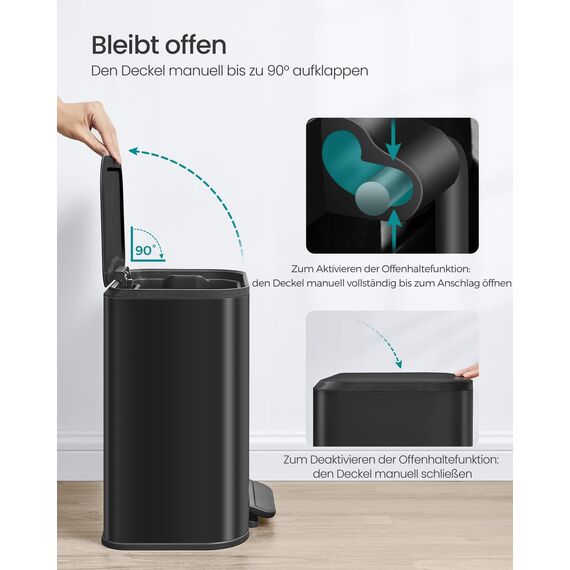 SONGMICS Mülleimer Küche, 20 Liter Abfalleimer mit Deckel, Tretmülleimer, Stahl, Softclose, Offenhaltefunktion, mit Inneneimer, breites rutschfestes Pedal, tintenschwarz LTB542B02