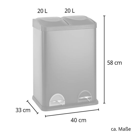 SVITA TC2X20 Küchen-Eimer 40Liter Fassungsvermögen 2x20L Abfalleimer 2er-Mülleimer Mülltrennung Treteimer Grau
