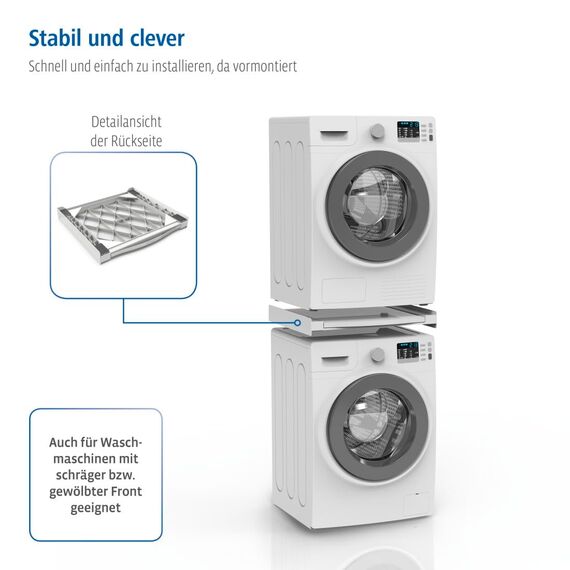 Xavax Zwischenbaurahmen mit Ausziehplatte aus Kunststoff (Verbindungsrahmen für Waschmaschine und Trockner, Zwischenbausatz mit Auszug als Ablage für Wäschekorb, inkl. Zurrgurt) weiß