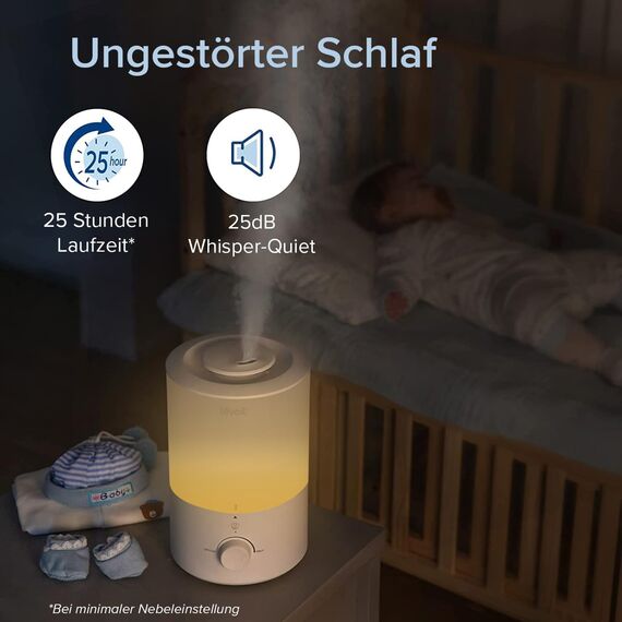 Levoit Luftbefeuchter Schlafzimmer, 25dB leise Humidifier, Top-Fill für Baby, mit Nachtlicht, bis 25H, Raumbefeuchter mit 360°Drehdüse für Kinderzimmer, Pflanzen, Auto Shut-off, 3 L, Warmweiß