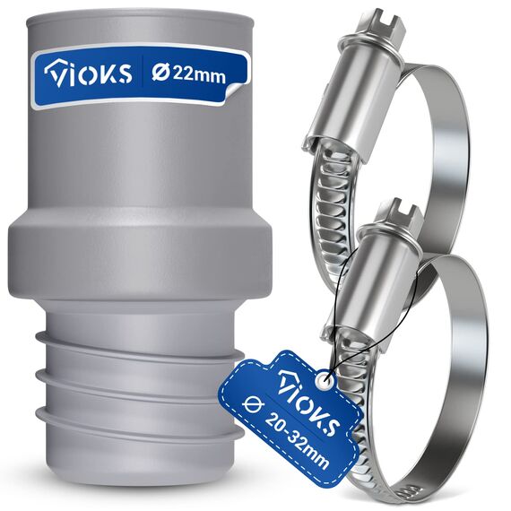 VIOKS Set 2x Schlauchschellen 20-32mm & Waschmaschine Abfluss Adapter 22mmØ für 22mmØ - Spülmaschine Ablaufschlauch Endstück Verbinder