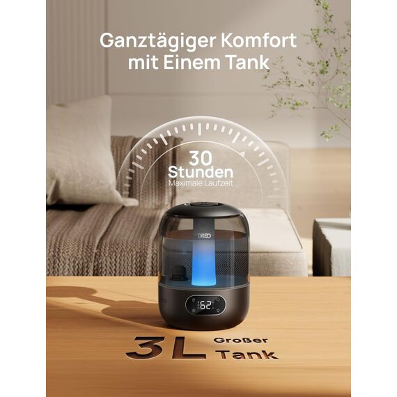 Dreo Luftbefeuchter für das Schlafzimmer, Kaltnebel-Ultraschallgerät mit 30 Stunden Laufzeit, 3L Top-Fill-Tank, Feuchtigkeitssensor, Nachtlicht für Babys, Kinderzimmer, für Pflanzen und Zuhause