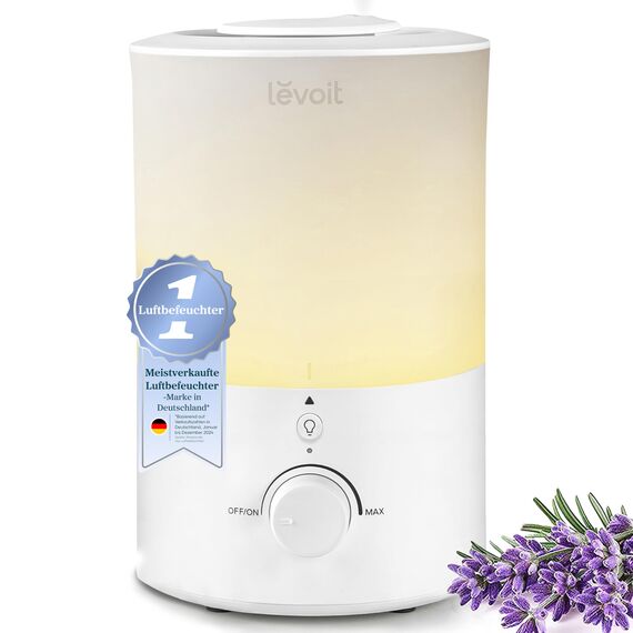 Levoit Luftbefeuchter Schlafzimmer, 25dB leise Humidifier, Top-Fill für Baby, mit Nachtlicht, bis 25H, Raumbefeuchter mit 360°Drehdüse für Kinderzimmer, Pflanzen, Auto Shut-off, 3 L, Warmweiß