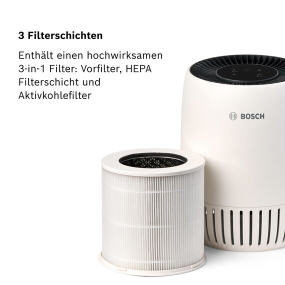 Bosch Air 1000 Luftreiniger - Für Räume bis zu 20 m² - Entfernt effizient Schadstoffe - Mit 3-in-1 Luftfilter, Smart Sensor, Automatikmodus, Ruhemodus (< 25 dB(A)) - CADR: 100 m³/h