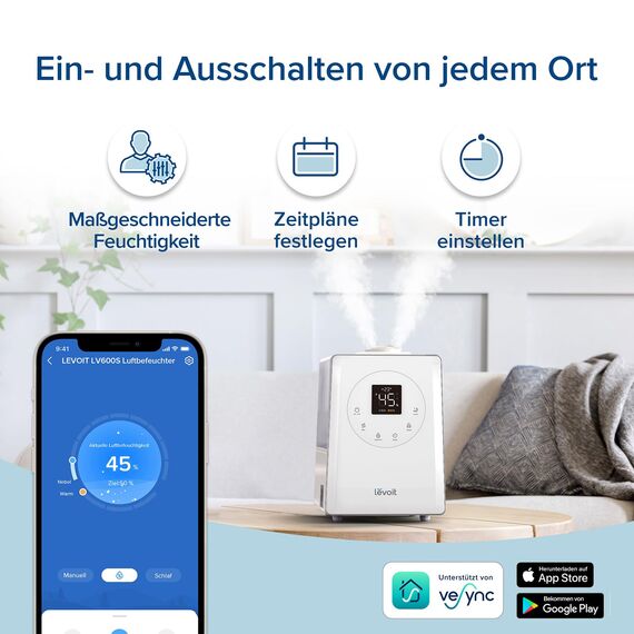Levoit Smart Luftbefeuchter für große Räume, Top-Fill Humidifier, Warm&Kalter Nebel max 550 ml/h, bis 40-70m², leise Raumbefeuchter mit Nachtlicht für Kinderzimmer, Pflanzen, Auto Shut-off, 6 L, Weiß