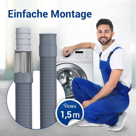 VIOKS Flexibler Abwasserschlauch Verlängerung 1,5m Ø19mm-22mm Universal Abfluss Verlängerung Ablaufschlauch für Waschmaschine, Geschirrspüler