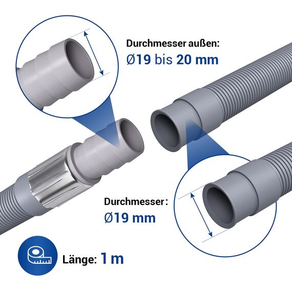 VIOKS Flexibler Abwasserschlauch Waschmaschine Ablaufschlauch Verlängerung 1m Ø19-20mm universal für Geschirrspüler, Waschmaschine, Spülmaschine