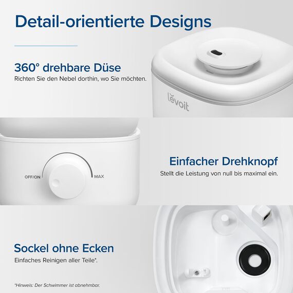 Levoit Luftbefeuchter Schlafzimmer, 23dB leise Humidifier, Top-Fill für Baby, bis 25H, Raumbefeuchter mit 360°Drehdüse für Kinderzimmer, Pflanzen, Auto Shut-off, 2,5 L, Weiß