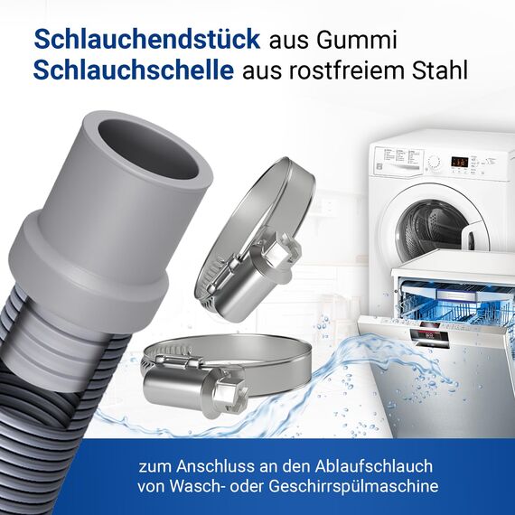 VIOKS Set 2x Schlauchschellen 20-32mm & Waschmaschine Abfluss Adapter 22mmØ für 22mmØ - Spülmaschine Ablaufschlauch Endstück Verbinder