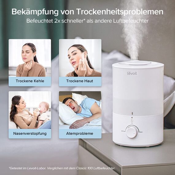 Levoit Luftbefeuchter Schlafzimmer, 25dB leise Humidifier, Top-Fill für Baby, mit Nachtlicht, bis 25H, Raumbefeuchter mit 360°Drehdüse für Kinderzimmer, Pflanzen, Auto Shut-off, 3 L, Warmweiß