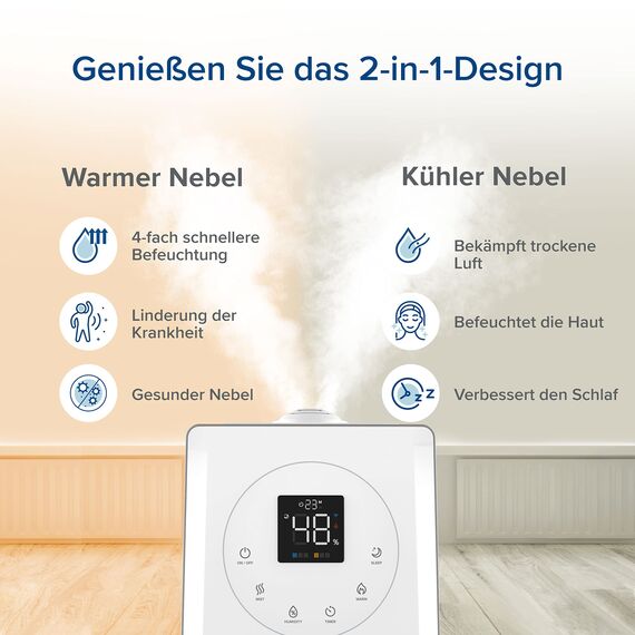 Levoit Smart Luftbefeuchter für große Räume, Top-Fill Humidifier, Warm&Kalter Nebel max 550 ml/h, bis 40-70m², leise Raumbefeuchter mit Nachtlicht für Kinderzimmer, Pflanzen, Auto Shut-off, 6 L, Weiß