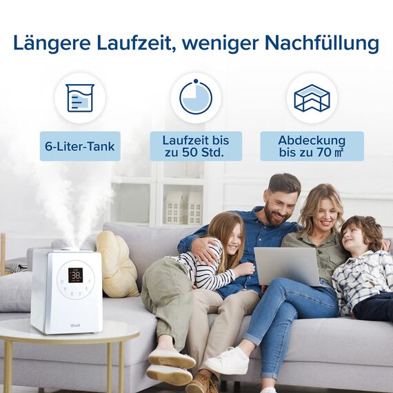 Levoit Smart Luftbefeuchter für große Räume, Top-Fill Humidifier, Warm&Kalter Nebel max 550 ml/h, bis 40-70m², leise Raumbefeuchter mit Nachtlicht für Kinderzimmer, Pflanzen, Auto Shut-off, 6 L, Weiß
