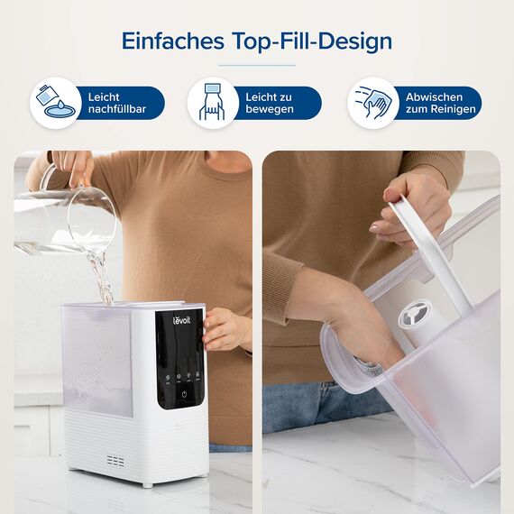 Levoit Smart Luftbefeuchter für große Räume, Top-Fill Humidifier, Warm&Kalter Nebel max 550 ml/h, bis 40㎡, leise Raumbefeuchter mit Nachtlicht für Pflanzen, Auto Shut-off, 4,5 L, Mondweiß