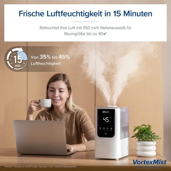 Levoit Smart Luftbefeuchter für große Räume, Top-Fill Humidifier, Warm&Kalter Nebel max 550 ml/h, bis 40㎡, leise Raumbefeuchter mit Nachtlicht für Pflanzen, Auto Shut-off, 4,5 L, Mondweiß