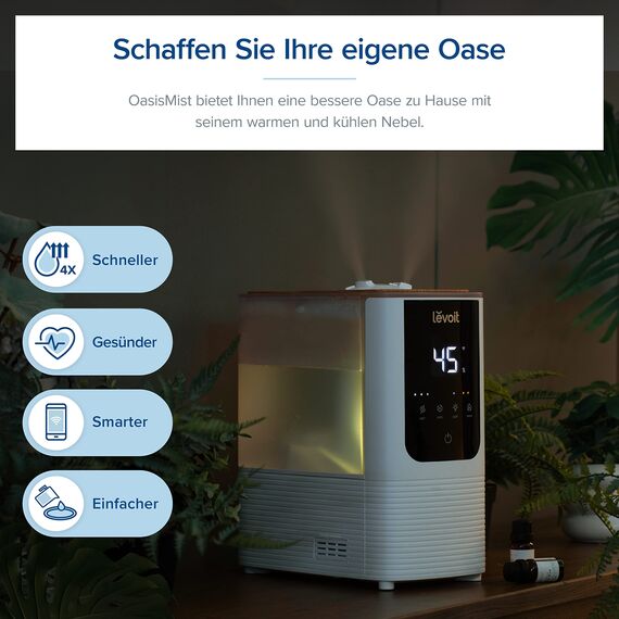 Levoit Smart Luftbefeuchter für große Räume, Top-Fill Humidifier, Warm&Kalter Nebel max 550 ml/h, bis 40㎡, leise Raumbefeuchter mit Nachtlicht für Pflanzen, Auto Shut-off, 4,5 L, Mondweiß