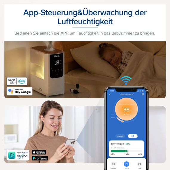 Levoit Smart Luftbefeuchter für große Räume, Top-Fill Humidifier, Warm&Kalter Nebel max 550 ml/h, bis 40㎡, leise Raumbefeuchter mit Nachtlicht für Pflanzen, Auto Shut-off, 4,5 L, Mondweiß