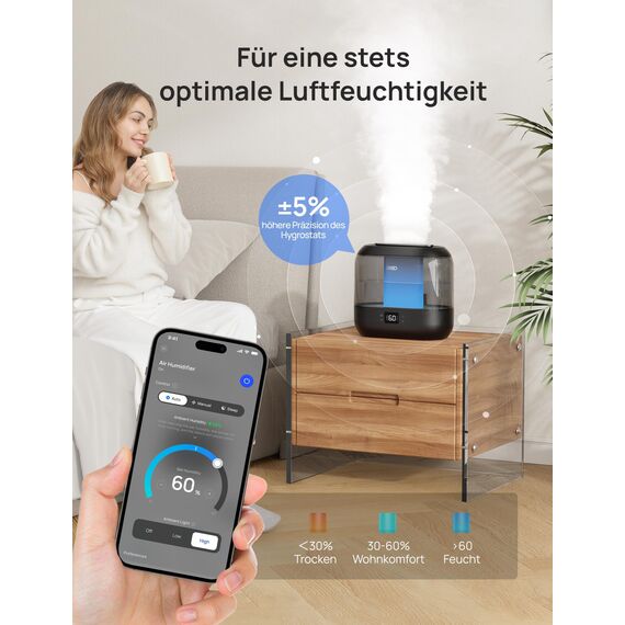 Dreo Smart Luftbefeuchter für Schlafzimmer, oben befüllbarer 4L Supergroßer Kühler Nebel Humidifier mit Öl Diffusor und Nachtlicht, 36 Stunden Laufzeit, leiser Ultraschall Luftbefeuchter Zuhause