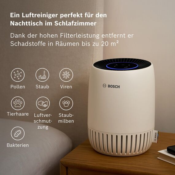 Bosch Air 1000 Luftreiniger - Für Räume bis zu 20 m² - Entfernt effizient Schadstoffe - Mit 3-in-1 Luftfilter, Smart Sensor, Automatikmodus, Ruhemodus (< 25 dB(A)) - CADR: 100 m³/h