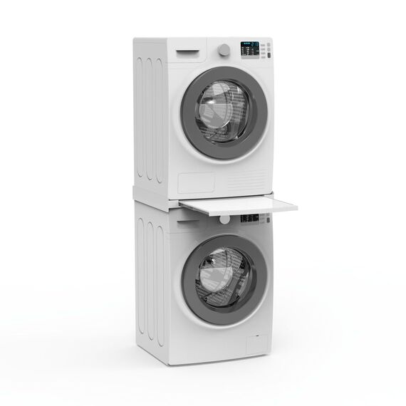 Xavax Zwischenbaurahmen mit Ausziehplatte aus Kunststoff (Verbindungsrahmen für Waschmaschine und Trockner, Zwischenbausatz mit Auszug als Ablage für Wäschekorb, inkl. Zurrgurt) weiß