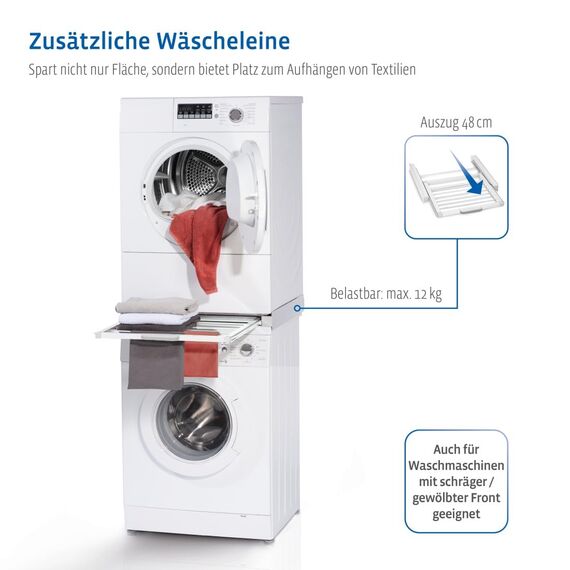 Xavax Zwischenbaurahmen mit Wäscheleine (Verbindungsrahmen für Waschmaschine und Trockner, Zwischenbausatz mit integriertem Wäscheständer, inkl. Zurrgurt) weiß