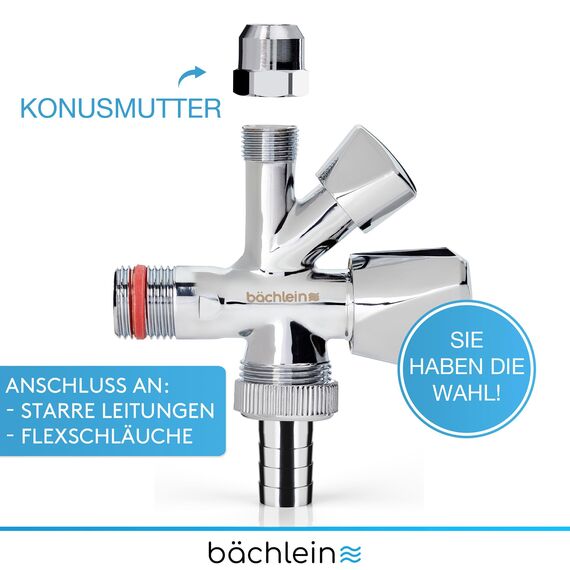 Bächlein Universal Messing, Kombi-Eckventil selbstdichtend, Kombinations-Eckventil für Kalt- und Warmwasserleitungen mit vielfältigen Anschlussmöglichkeiten, Eckventil