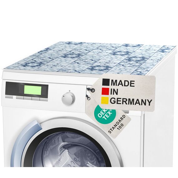 BAUHELD® Universal Waschmaschinen-Auflage [60x60cm] - Waschmaschinen-Abdeckung mit Vinyl-Beschichtung [Made in Germany] - Für Waschmaschine, Trockner, Küche, Wohnmobil, Badezimmer - Tile Antique Blue