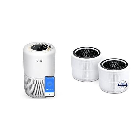 Levoit Core 200S Luftreiniger + Levoit Luftreiniger Standard-Ersatzfilter 3-in-1 HEPA, hocheffiziente Aktivkohle, 2 Packung