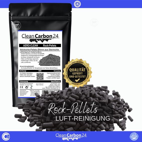 CleanCarbon24 Klima-Aktivkohle Steinkohle-Pellets Ø4mm | Nachfüll-Pack für Umluftreiniger & Rauchfilter | perfektes Medium zur Raumluft-Verbesserung | 2-fach entstaubt (5L | 2,5Kg)