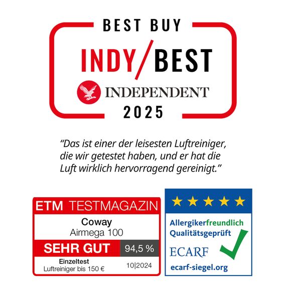 COWAY Luftreiniger Allergiker – Superleise, mit Schlafmodus & Stimmungslicht, entfernt 99,999 % Partikel bis 0,01 µm, mit ECARF-Siegel, gegen Pollen, Staub & Tierhaare, CADR 244 m³/h, AIRMEGA 100