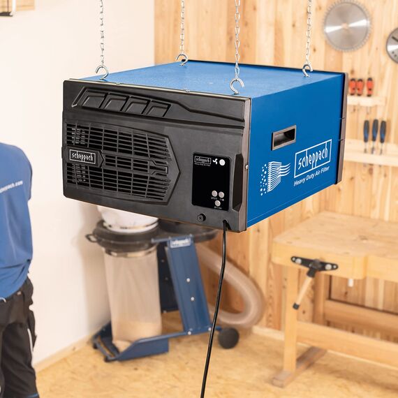 Scheppach Luftreiniger HDA-14 | 740 m³/h Luftfilterleistung | für Werkstätten bis 400m² | 3 Stufen Filtration bis 1 μm | 50 dB Lautstärke | Fernbedienung & Wandaufhängung | inkl. Ersatzluftfilterset