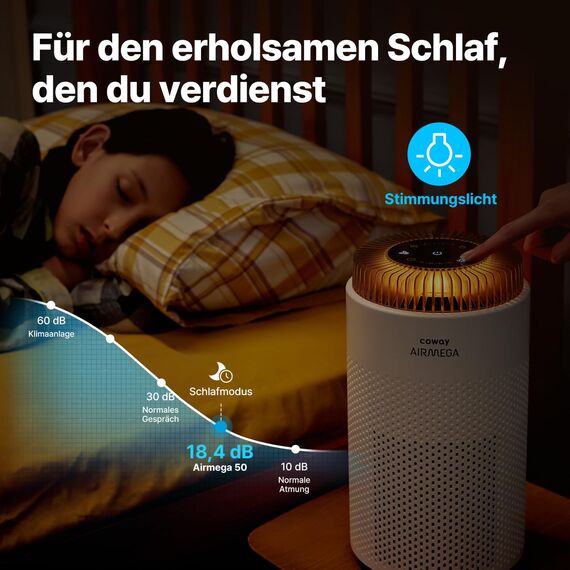 COWAY Luftreiniger Allergiker für Schlafzimmer & kleine Räume, leiser Luftreiniger mit 18,4 dB, CADR 120,1 m³/h, Mood Light, Automatik gegen Pollen, Staub, Tierhaare & Rauch, AIRMEGA 50