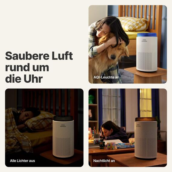 COWAY Luftreiniger Allergiker für Schlafzimmer & kleine Räume, leiser Luftreiniger mit 18,4 dB, CADR 120,1 m³/h, Mood Light, Automatik gegen Pollen, Staub, Tierhaare & Rauch, AIRMEGA 50