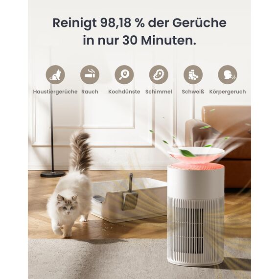 SwitchBot Luftreiniger mit App-Steuerung und Nachtlicht, CADR 400m³/h bis zu 83㎡ Zimmer, HEPA-Filter entfernt 99,97% Schimmel Staub Pollen, 20dB Schlafmodus, Haustiermodus für Familien mit Haustieren