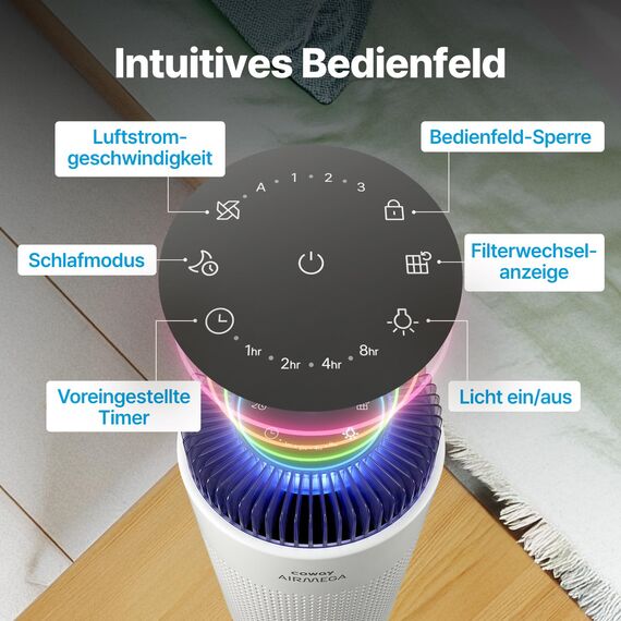 COWAY Luftreiniger Allergiker für Schlafzimmer & kleine Räume, leiser Luftreiniger mit 18,4 dB, CADR 120,1 m³/h, Mood Light, Automatik gegen Pollen, Staub, Tierhaare & Rauch, AIRMEGA 50